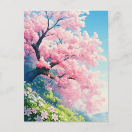 Cherry Blossom Tree on Sunny Green Hillside Postkarte