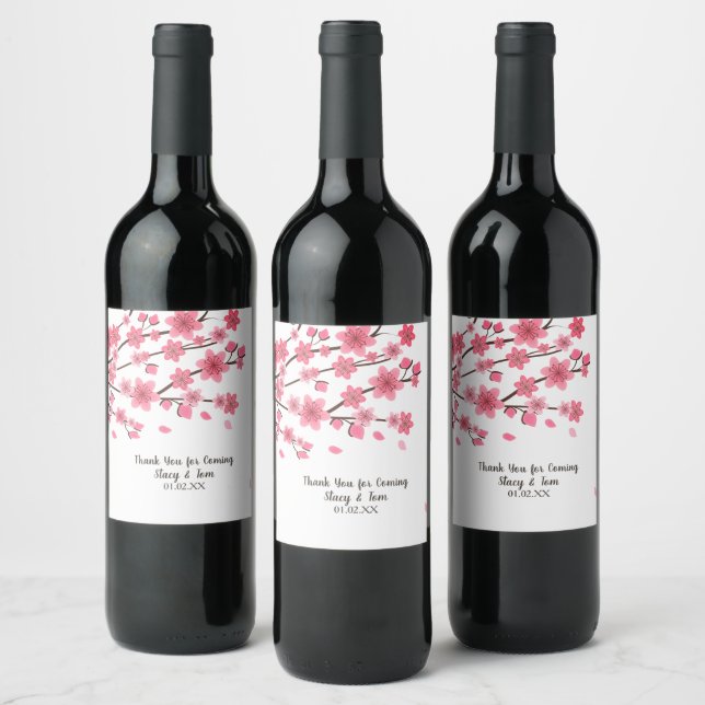 Cherry Blossom Tree Petals Pink Wedding Wine Label Weinetikett (Flaschen)