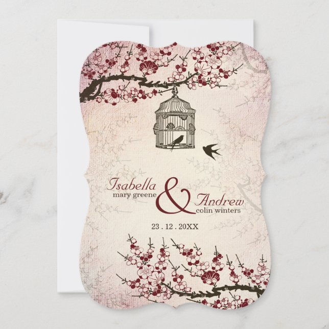 Cherry Blossom und Liebesvögel Hochzeit einladen Einladung (Vorderseite)