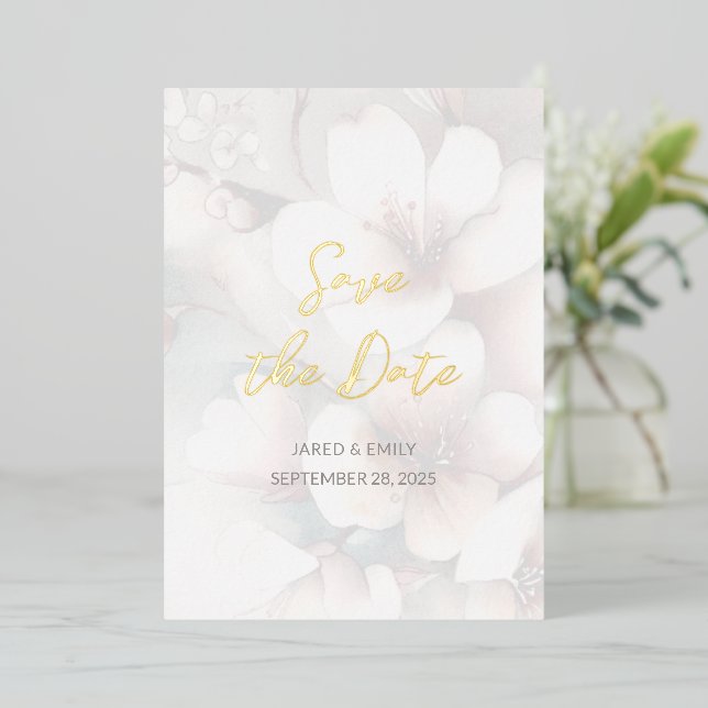 Cherry Blossom Wedding Foil Save the Date Folieneinladung (Stehend vorne)