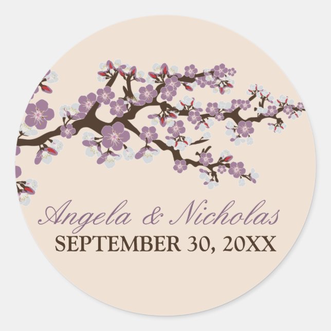 Cherry Blossom Wedding Invitation Siegel (lila) Runder Aufkleber (Vorderseite)