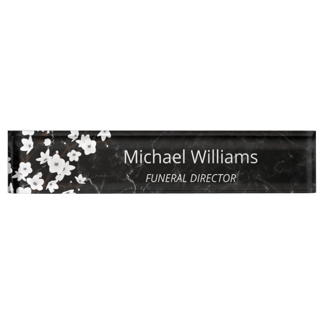 Cherry Blossom White Black Marble Beerdigungsdirek Namensplakette (Vorderseite)