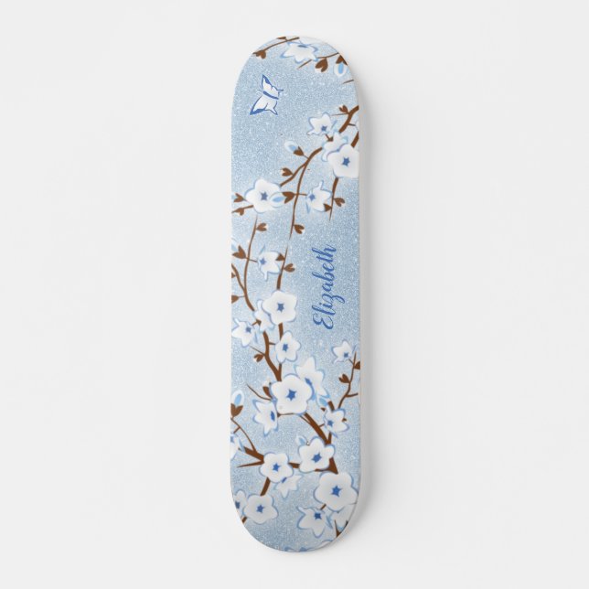 Cherry Blossom White Blue Glitzer Blumenname Skateboard (Vorne)