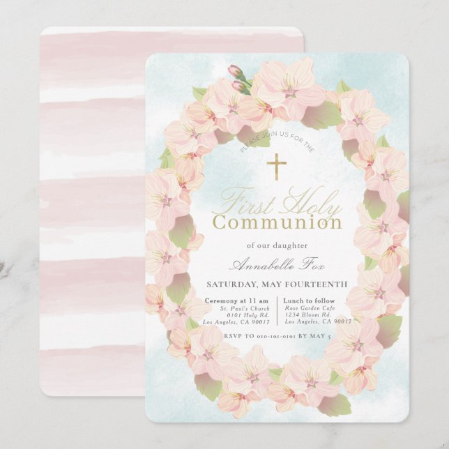 Cherry Blossom Wreath Girl Erste Heilige Kommune Einladung (Vorne/Hinten)