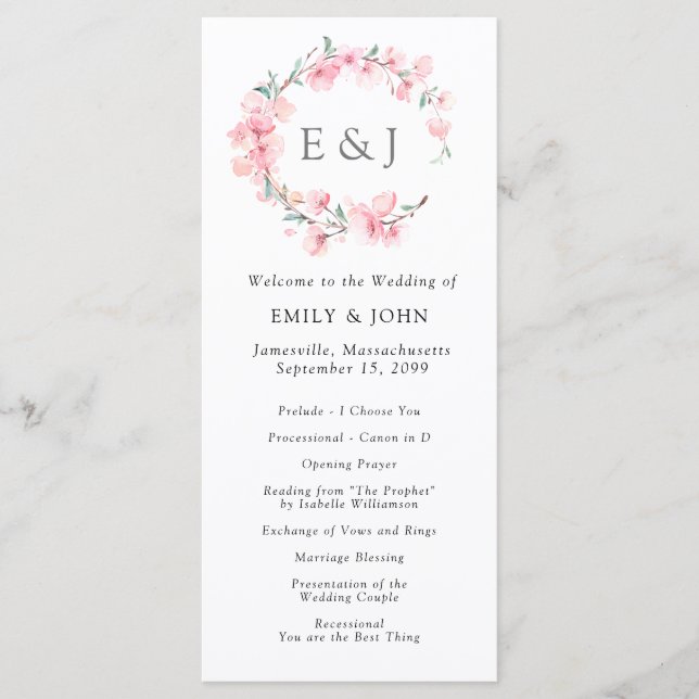 Cherry Blossom Wreath Monogram Wedding Programm (Vorderseite)