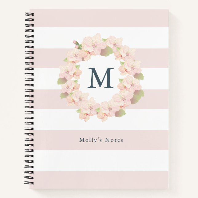 Cherry Blossom Wreath Pink Monogram Notizbuch (Vorderseite)