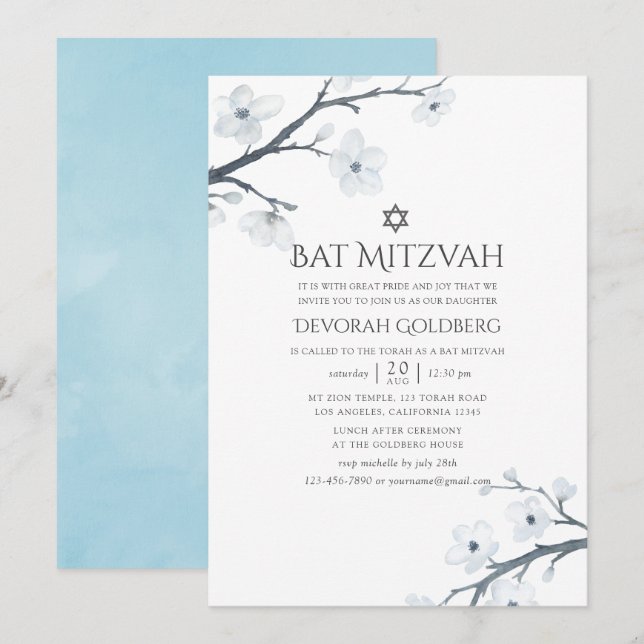 Cherry Blossoms Floral Bat Mitzvah Einladung (Vorne/Hinten)