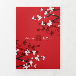 Cherry Blossoms Foto Zweisprachige Hochzeit Dreifach Gefaltete Einladung
