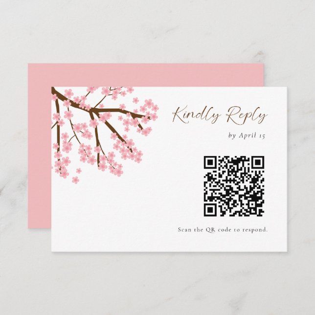 Cherry Blossoms Hochzeit RSVP QR Code Blumenschrif (Vorne/Hinten)