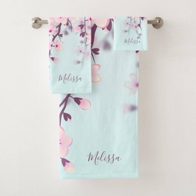 Cherry Blossoms Illustration Landschaft Pink Blau Badhandtuch Set (Insitu)