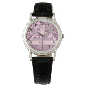Cherry Blossoms Mauve Glitzer Monogram Watch Armbanduhr