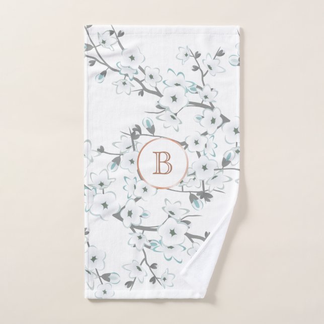 Cherry Blossoms Minze White Rose Gold Monogramm Handtuch (Handtuch)