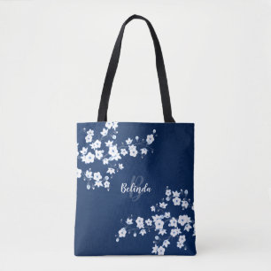 Cherry Blossoms Navy Blue White Monogram Totbeutel Tasche