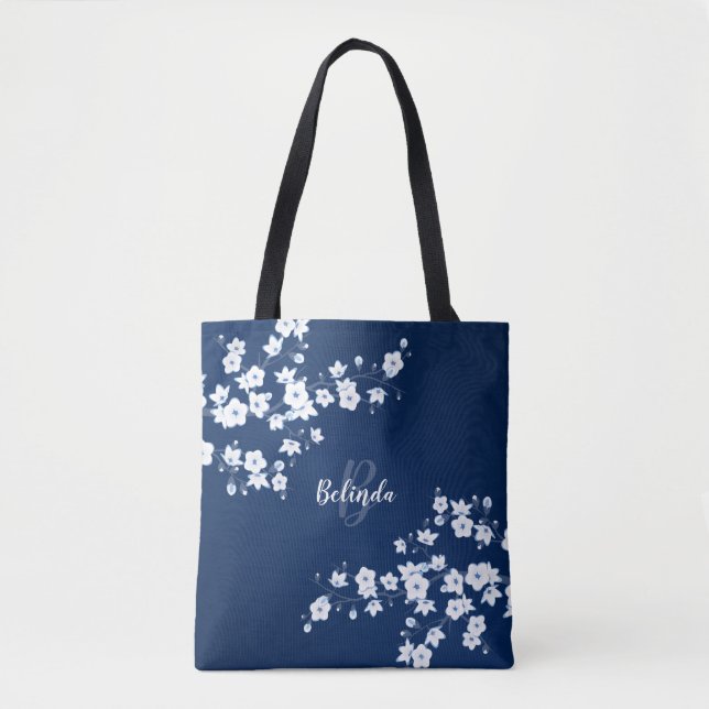 Cherry Blossoms Navy Blue White Monogram Totbeutel Tasche (Vorderseite)