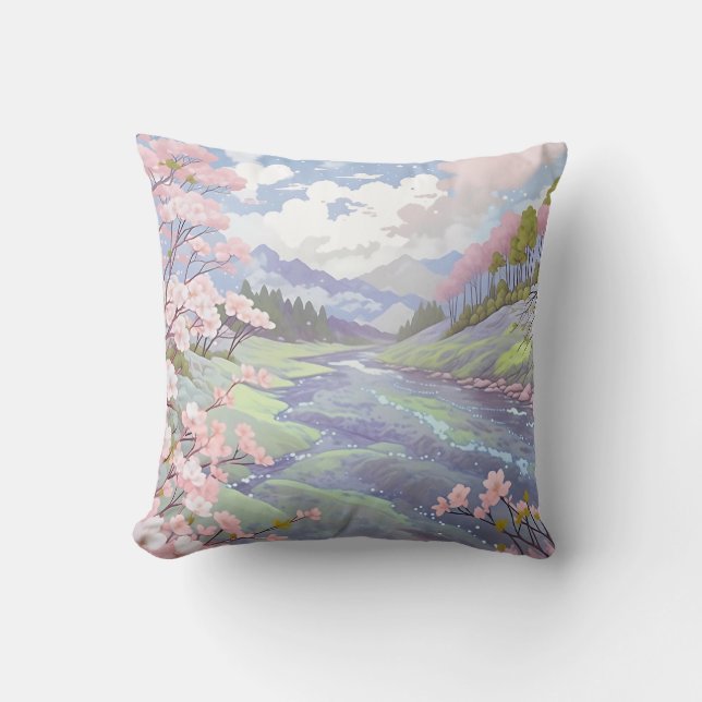 Cherry Blossoms Pastell Wasserfarbe Landschaft Kissen (Vorderseite)