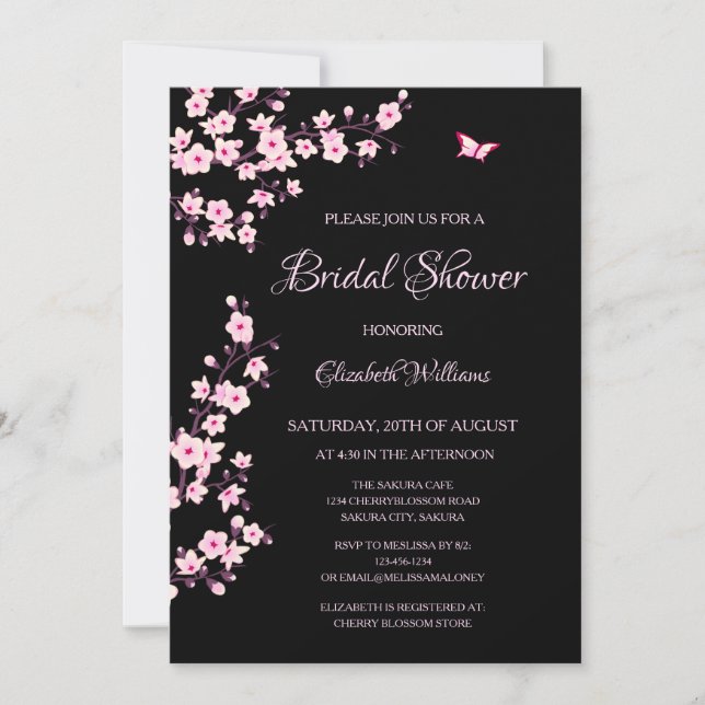 Cherry Blossoms Pink Black Bridal Shower Einladung (Vorderseite)