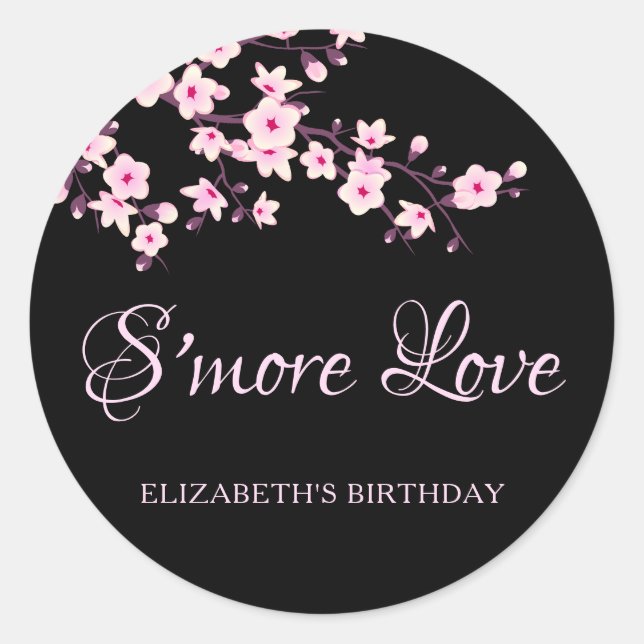 Cherry Blossoms Pink Black S'more Love Runder Aufkleber (Vorderseite)