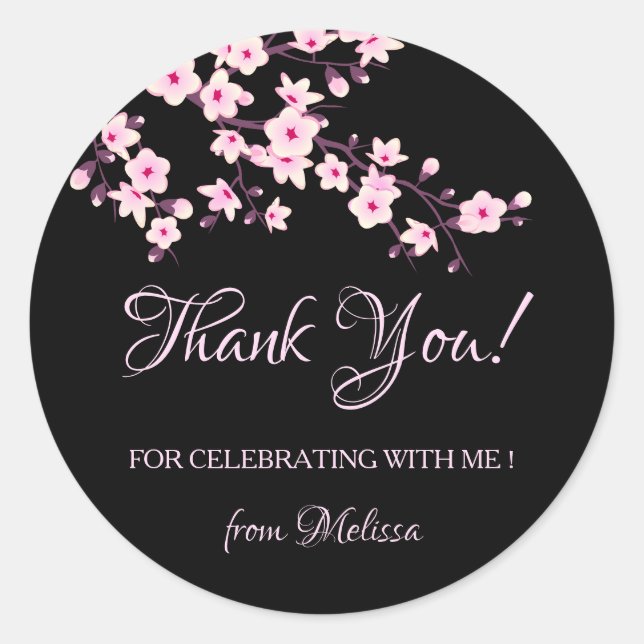 Cherry Blossoms Pink Black Thank You Runder Aufkleber (Vorderseite)