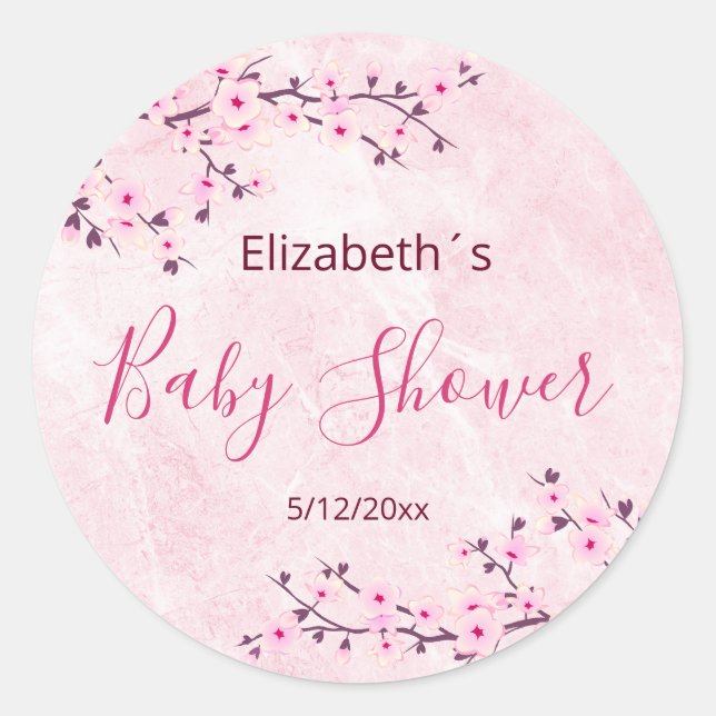 Cherry Blossoms Pink Girl Baby Shower Classic Runder Aufkleber (Vorderseite)