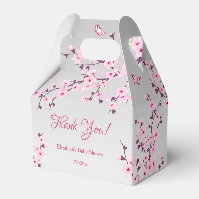 Cherry Blossoms Pink Gray | Babydusche Vielen Dank Geschenkschachtel (Vorderseite)