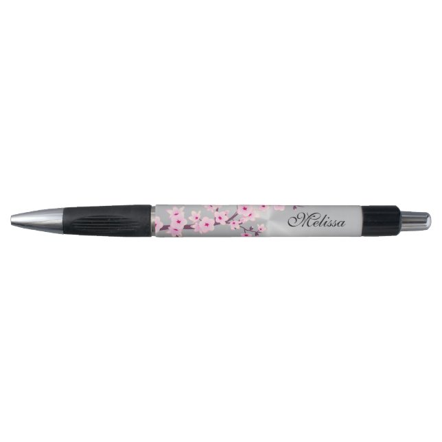 Cherry Blossoms Pink Silver Monogram Kugelschreiber (Vorderseite)