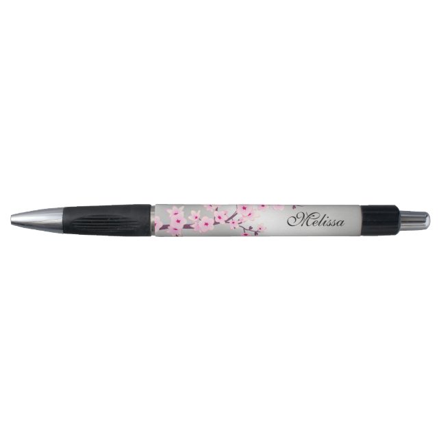 Cherry Blossoms Pink Silver Monogram Kugelschreiber (Vorderseite)