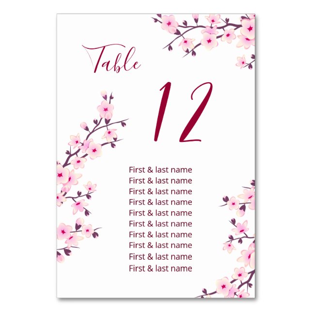 Cherry Blossoms Pink Wedding Guest Names Tischnummer (Vorderseite)