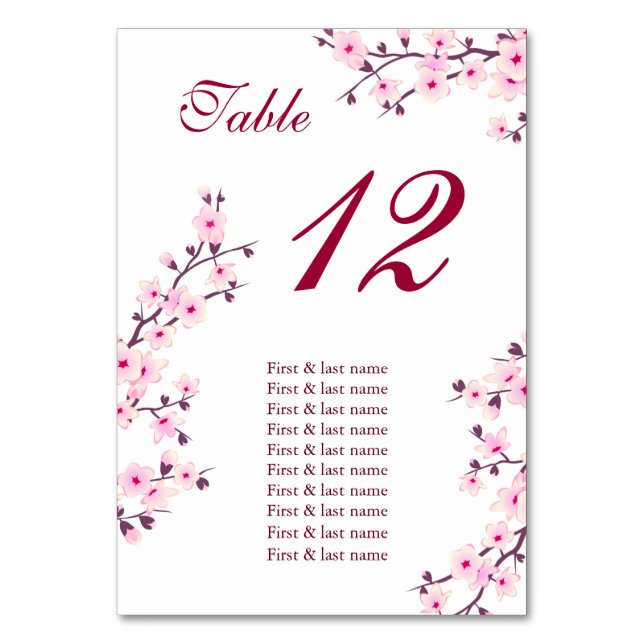 Cherry Blossoms Pink Wedding Guest Names Tischnummer (Vorderseite)