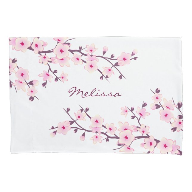 Cherry Blossoms Pink White Monogram Kissenbezug (Vorderseite)