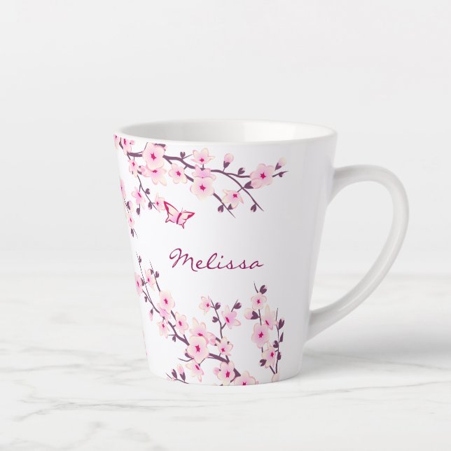 Cherry Blossoms Pink White Monogram Milchtasse (Rechts)