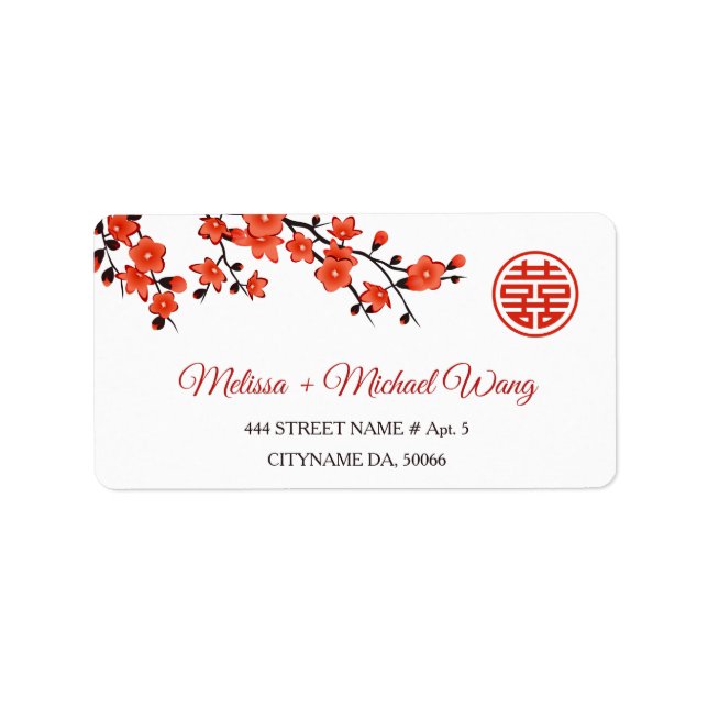 Cherry Blossoms Red White | Chinesische Hochzeit Adressaufkleber (Vorne)