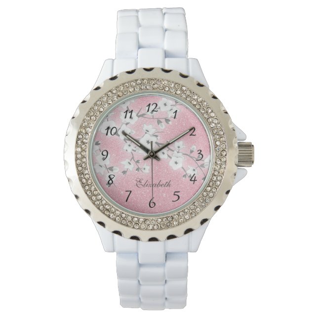 Cherry Blossoms Rosa Glitzer | Girl Monogram Armbanduhr (Vorderseite)