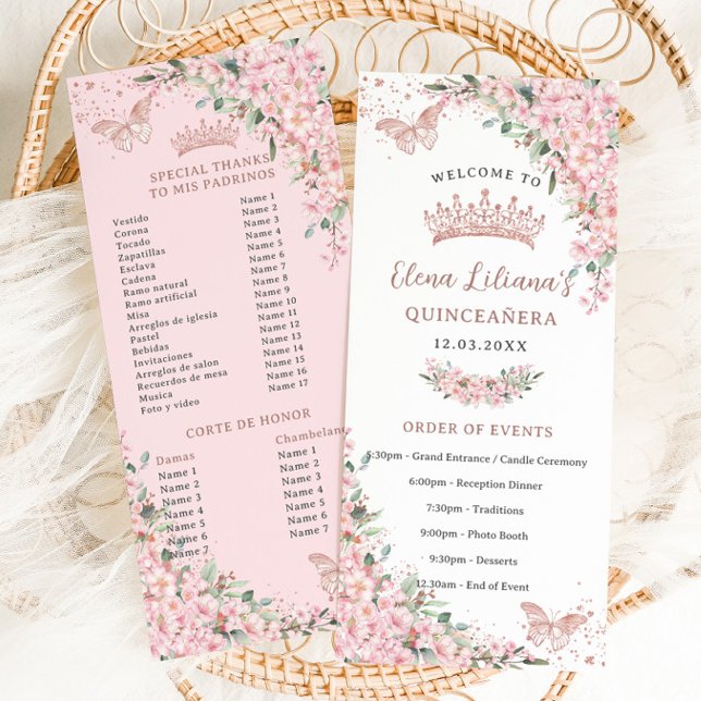 Cherry Blossoms Rose Gold Butterflies Programme mi (quinceanera-slim-events-program-cards-blush-pink-cherry-blossoms-flowers-sakura-floral-butterflies)