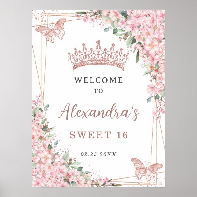 Cherry Blossoms Rose Gold Butterflies Süß 16 Poster (Vorne)