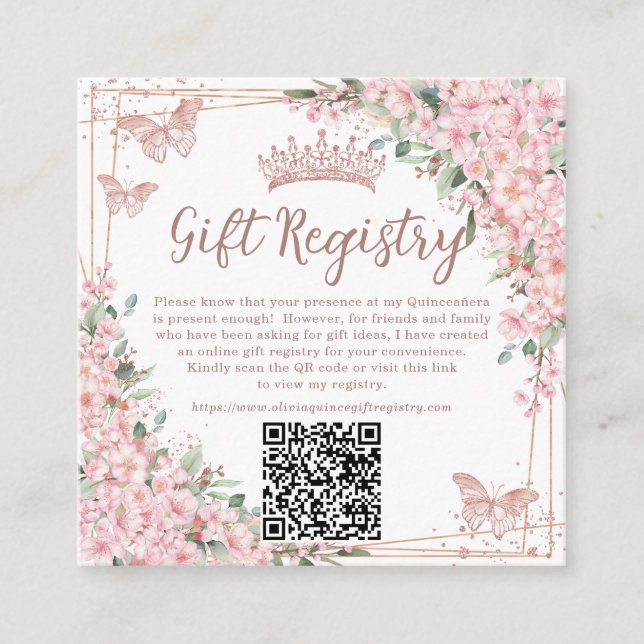 Cherry Blossoms Rose Gold Quinceanera QR Geschenk Begleitkarte (Vorderseite)