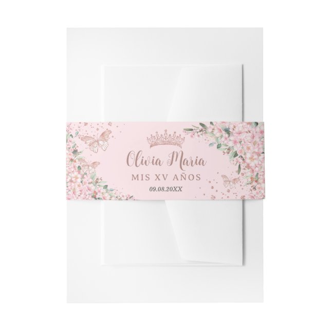 Cherry Blossoms Rose Gold Schmetterlinge Quinceane Einladungsbanderole (Vorderseite Beispiel)