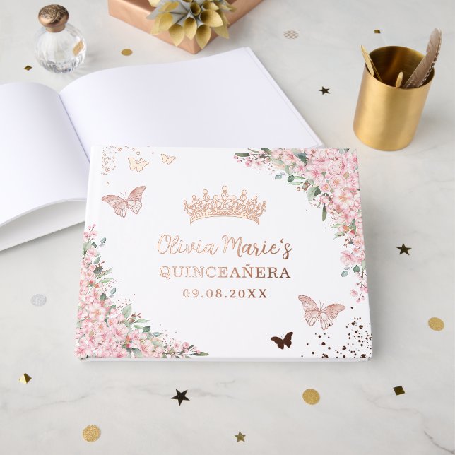 Cherry Blossoms Rose Gold Schmetterlinge Quinceane Gästebuch (Vorderseite offen)