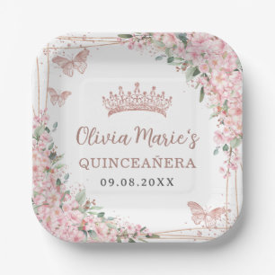 Cherry Blossoms Rose Gold Schmetterlinge Quinceane Pappteller