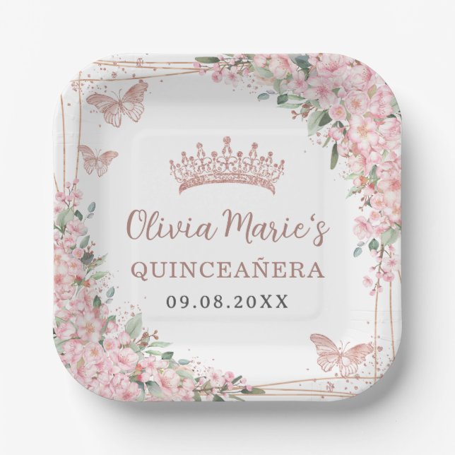 Cherry Blossoms Rose Gold Schmetterlinge Quinceane Pappteller (Vorderseite)