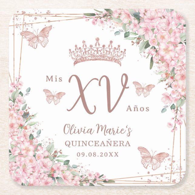 Cherry Blossoms Rose Gold Schmetterlinge Quinceane Rechteckiger Pappuntersetzer (Vorderseite)