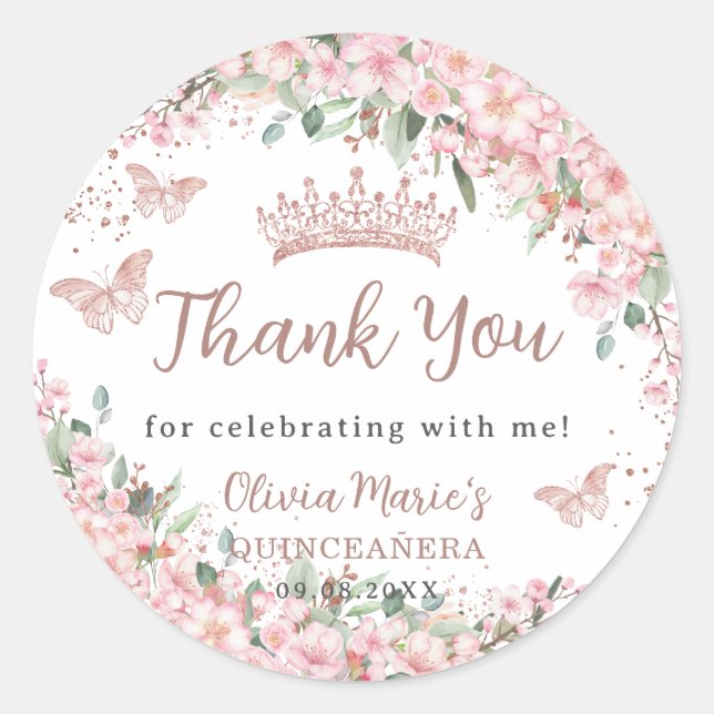 Cherry Blossoms Rose Gold Schmetterlinge Quinceañe Runder Aufkleber (Vorderseite)