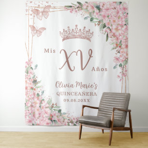 Cherry Blossoms Rose Gold Schmetterlinge Quinceañe Wandteppich