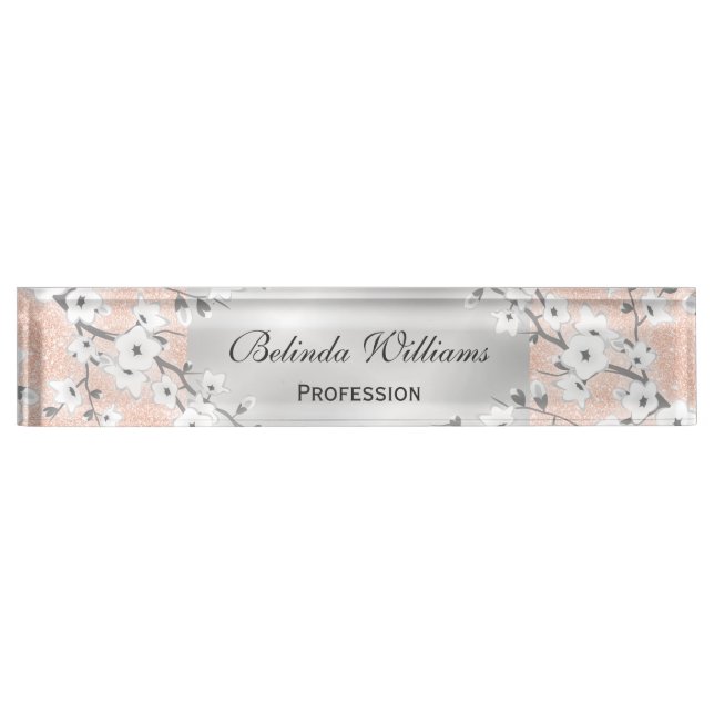 Cherry Blossoms Rose Gold Silber Namensplakette (Vorderseite)