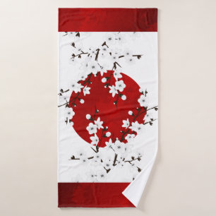 Cherry Blossoms Rote Schwarz-weiße Blüte Badehandtuch