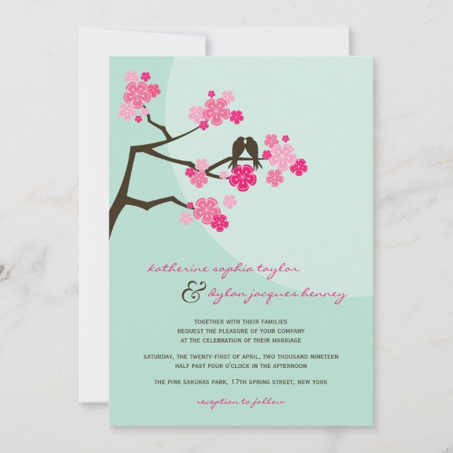 Cherry Blossoms Sakura Love Birds Wedite Einladung (Vorderseite)