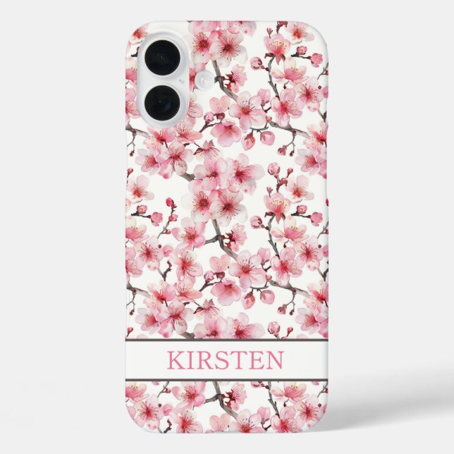 Cherry Blossoms Sakura Pattern Monogrammed iPhone 16 Plus Hülle (Rückseite)