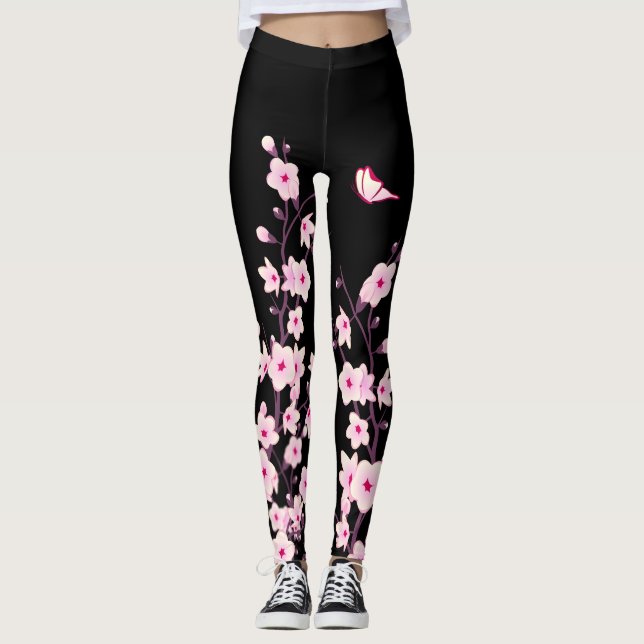 Cherry Blossoms | Schwarzes Rosa Leggings (Vorderseite)