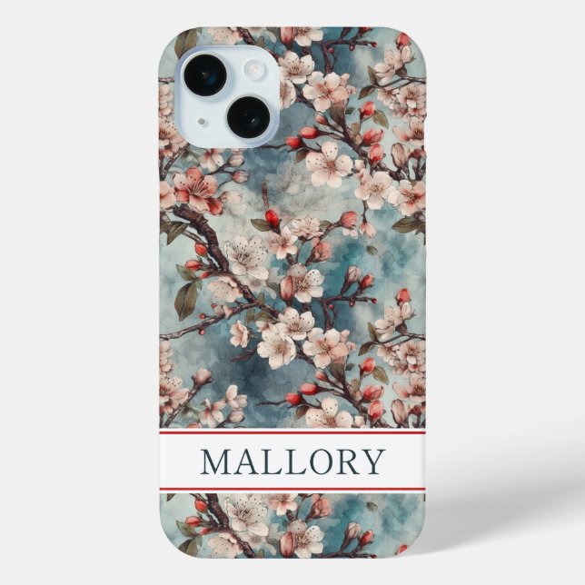 Cherry Blossoms Teal Sakura Print Monogrammed Case-Mate iPhone Hülle (Rückseite)