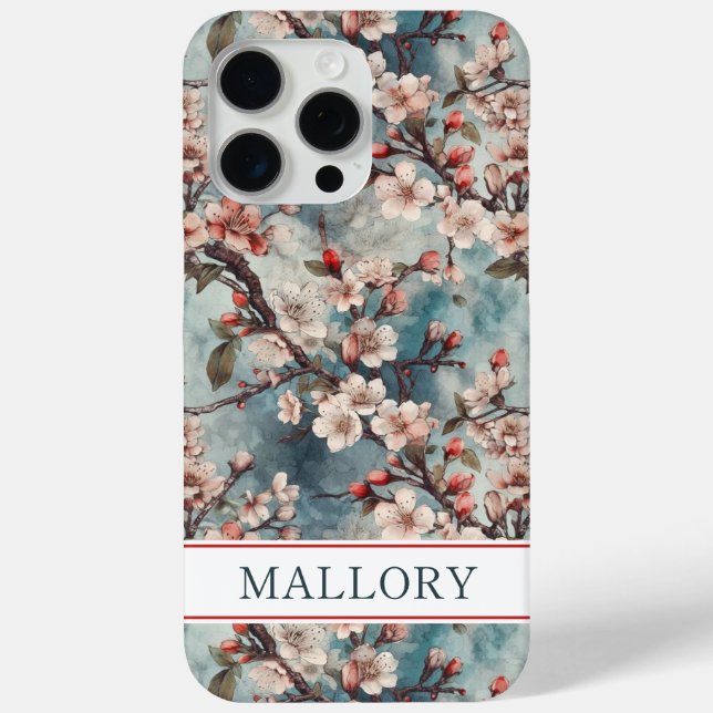 Cherry Blossoms Teal Sakura Print Monogrammed Case-Mate iPhone Hülle (Rückseite)