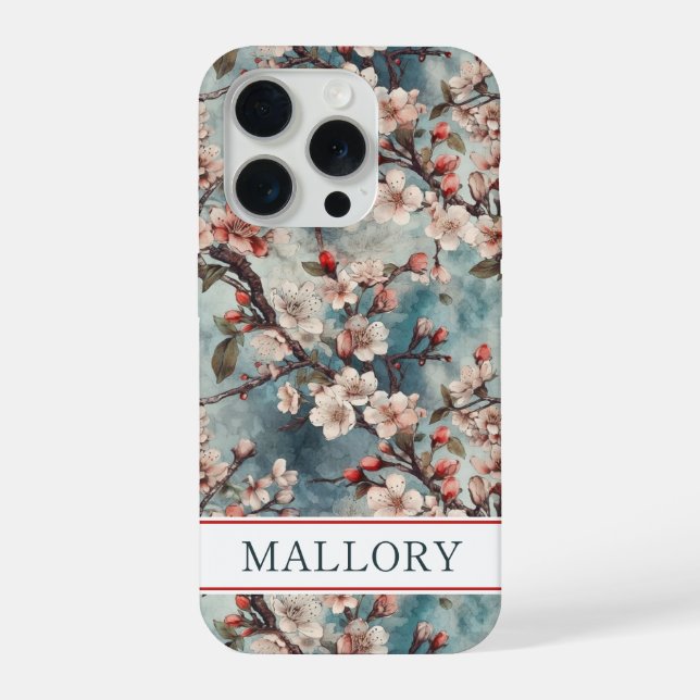 Cherry Blossoms Teal Sakura Print Monogrammed iPhone 15 Pro Hülle (Rückseite)